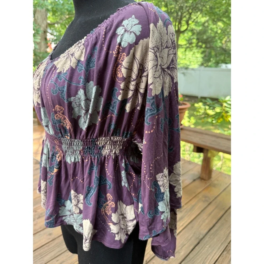 Free People Purple Floral Smocked Waist Open Back Kimono Sleeve Blouse XS